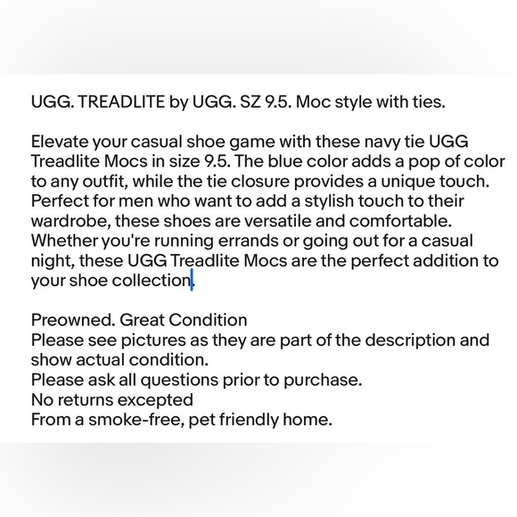UGG TREADLITE TYE MOCS. Sz 9.5. Navy excellent condition. - Picture 9 of 10